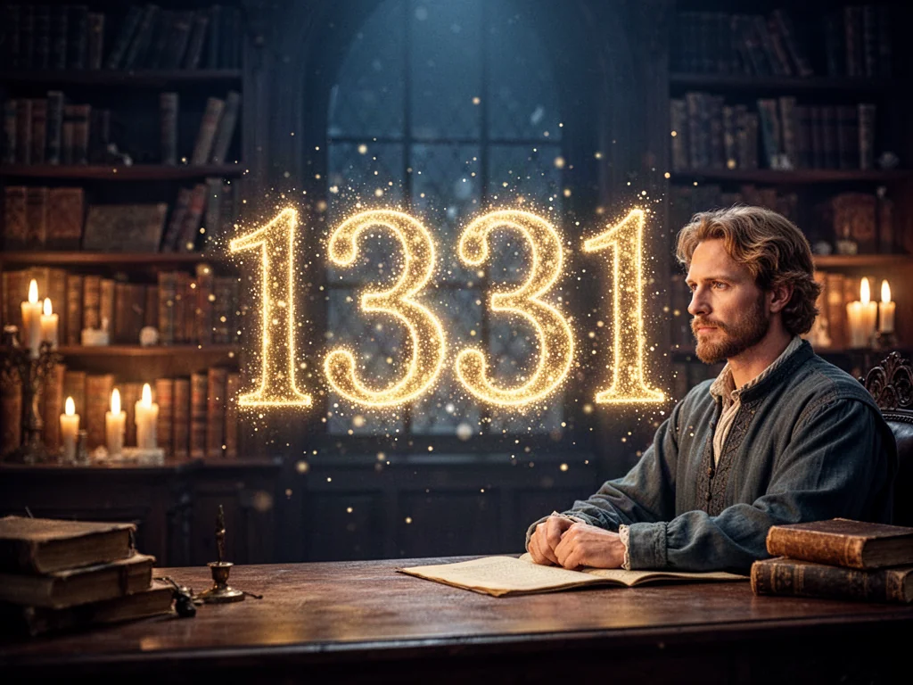 Mężczyzna w bibliotece wpatruje się w unoszącą się w powietrzu, złotą liczbę 1331, symbolizującą mistyczne znaczenie.