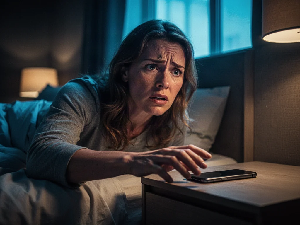Zaniepokojona kobieta sięgająca ręką po brakujący telefon na szafce nocnej w przyciemnionej sypialni.