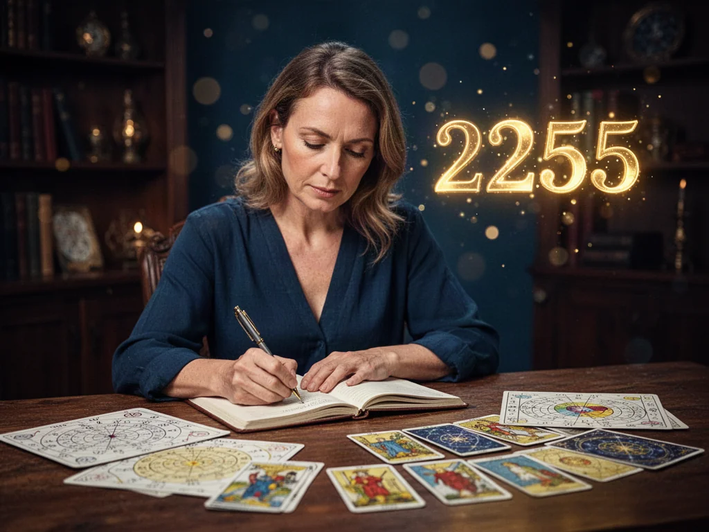 Numerolog przy biurku z kartami tarota i unoszącymi się w powietrzu złotymi cyframi 2255 w nastrojowym gabinecie.